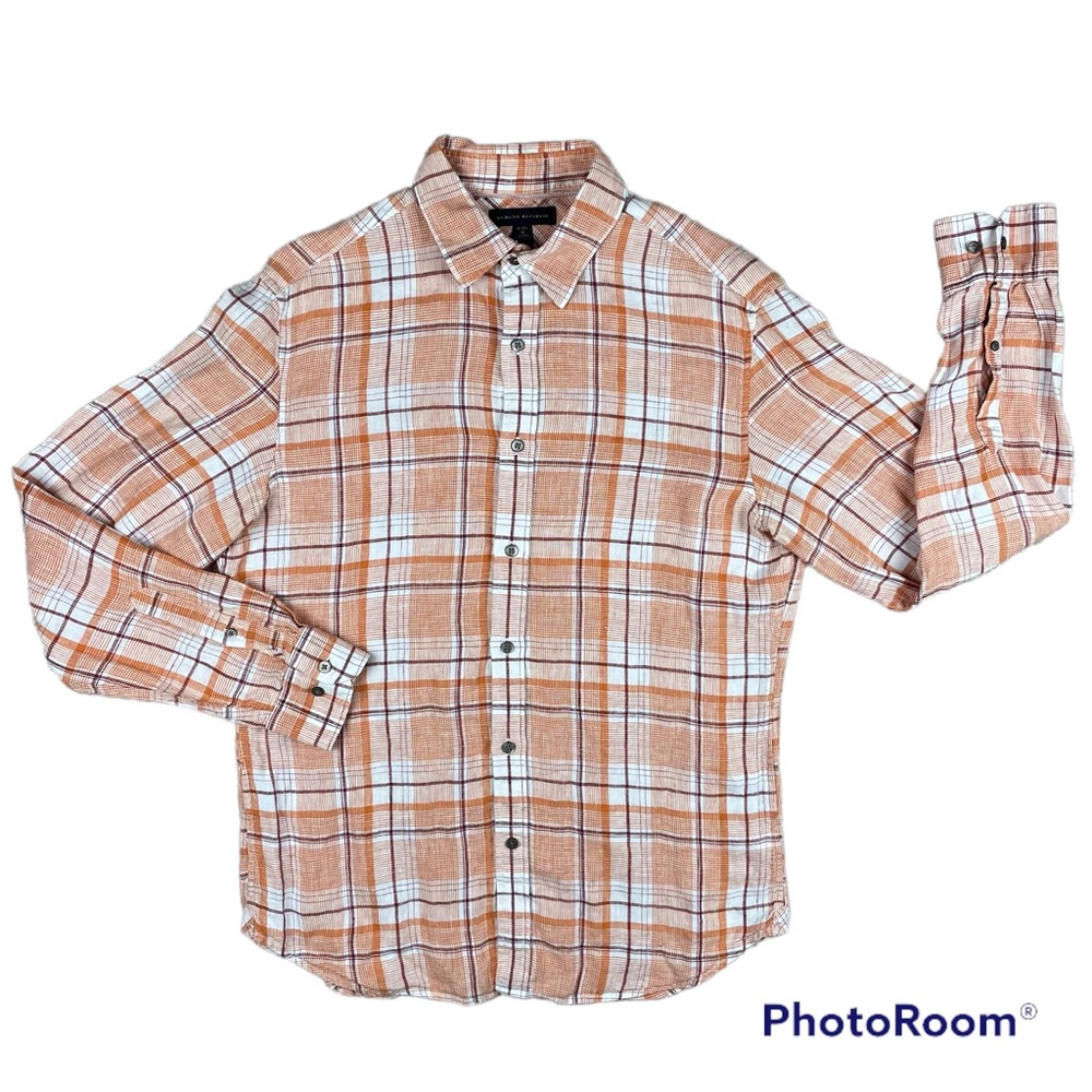 Banana Republic 100% Linen Orange Plaid Button Down Long Sleeve Shirt Mens Sz M